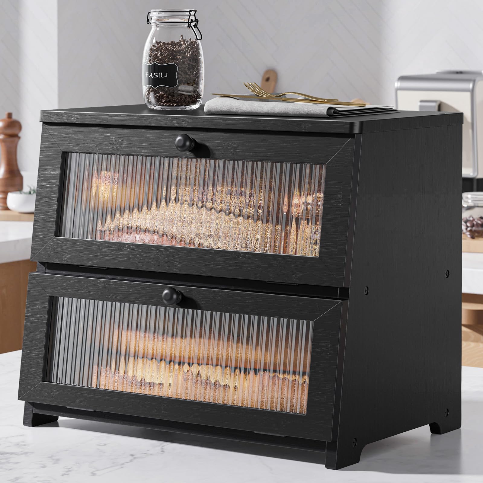 Kitsure bread box with wooden body and window keeps bread visible and fresh.