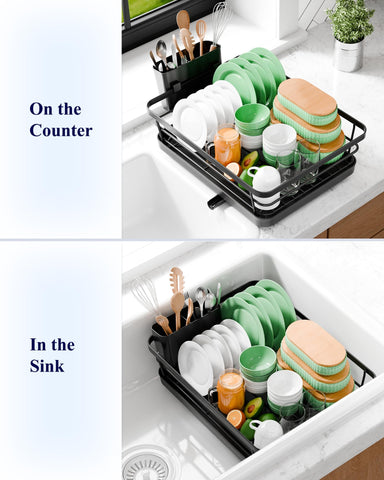 Kitsure dish rack with adjustable drain spout keeps surfaces dry.