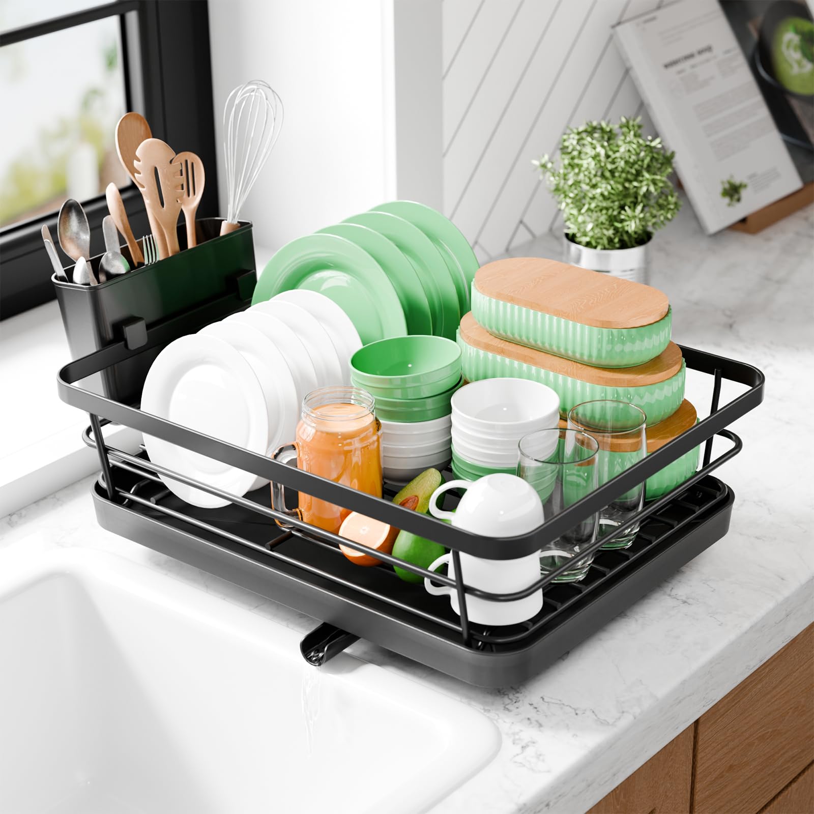 Kitsure dish drying rack front view showing compact design for small kitchens.