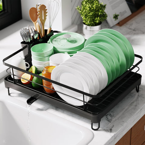 Kitsure dish drying rack on a compact counter saves space while air-drying plates