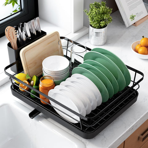 Kitsure dish drying rack on counter saves space while air-drying plates
