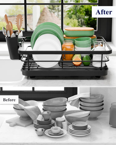 Kitsure dish drying rack with quick snap assembly for fast setup.
