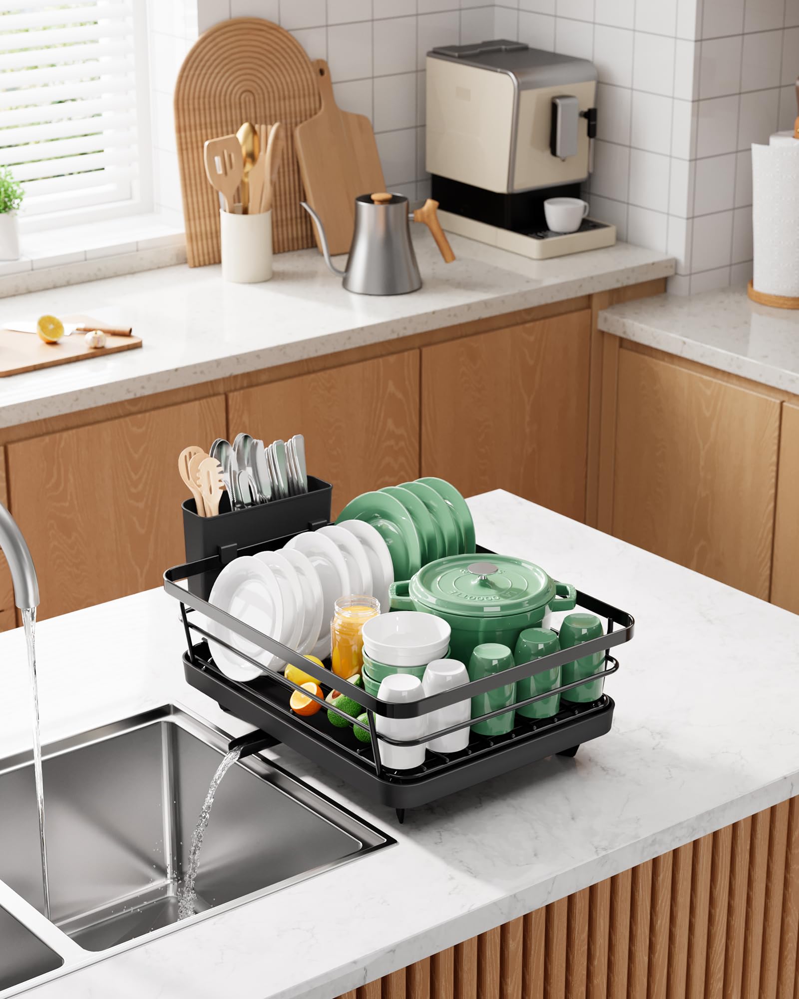 Kitsure dish drying rack in use beside sink demonstrates practical organization