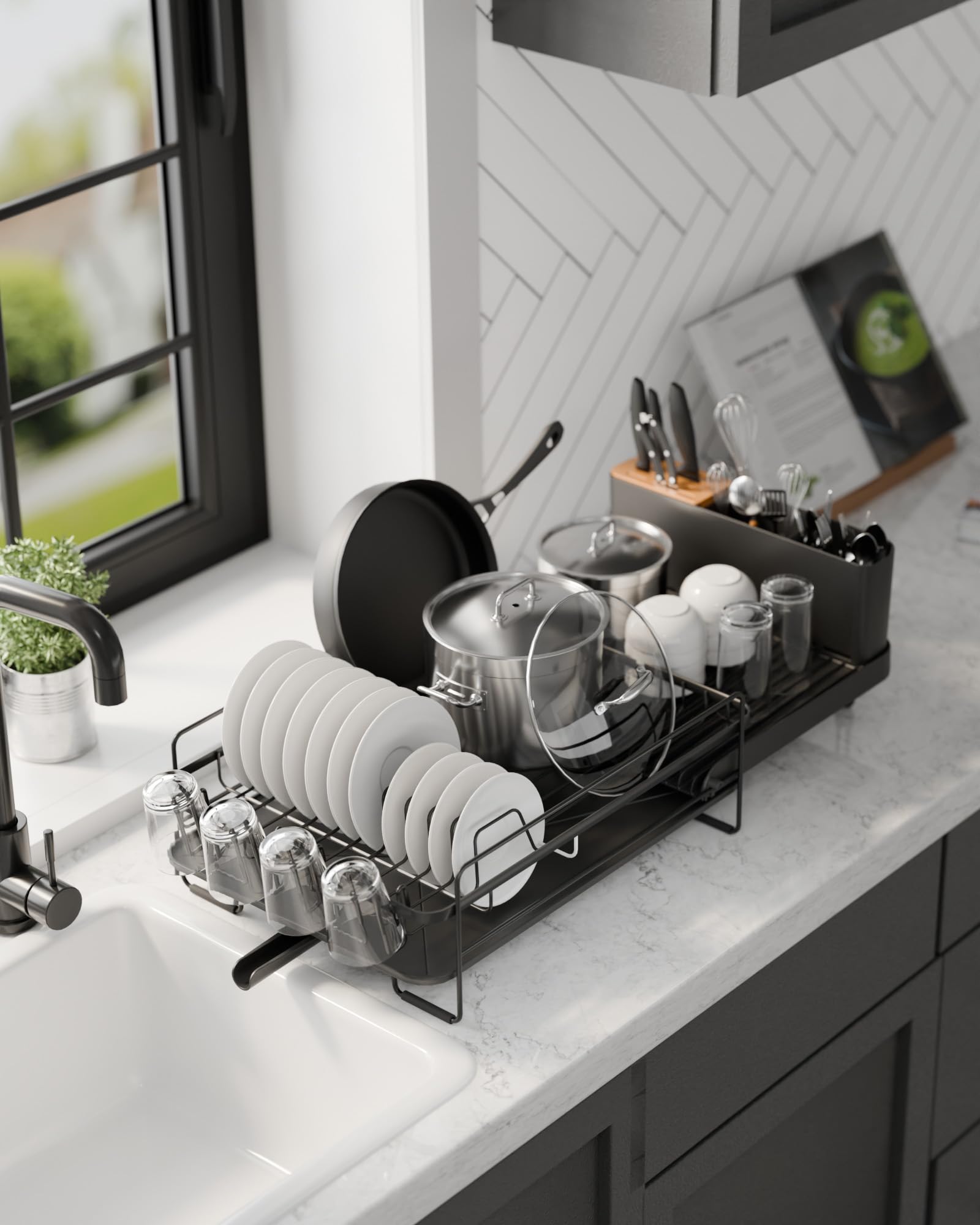 Kitsure dish drying rack with cup holders for safe mug drying.