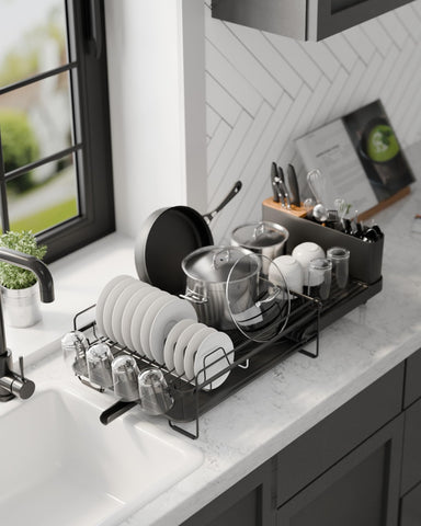 Kitsure dish drying rack with cup holders for safe mug drying.