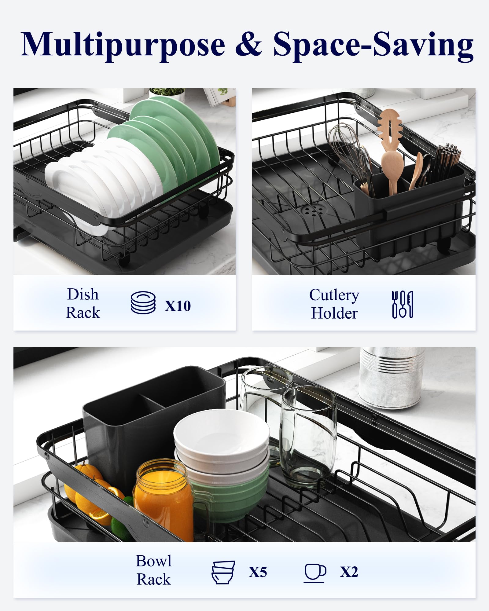 Kitsure dish rack drainboard captures water for easy drying.