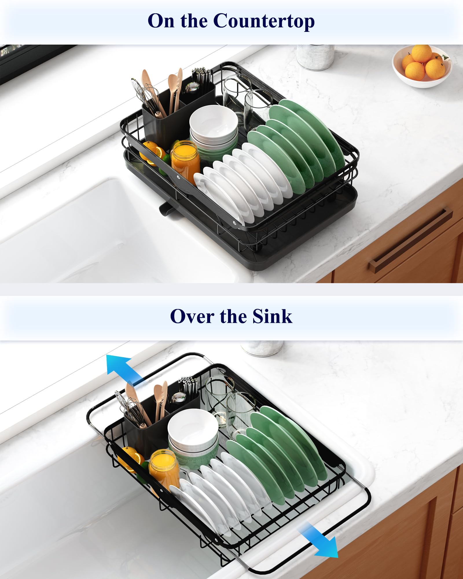 Kitsure dish rack side view highlights space-saving, sturdy rust-proof metal.