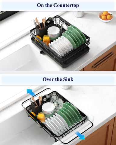 Kitsure dish rack side view highlights space-saving, sturdy rust-proof metal.