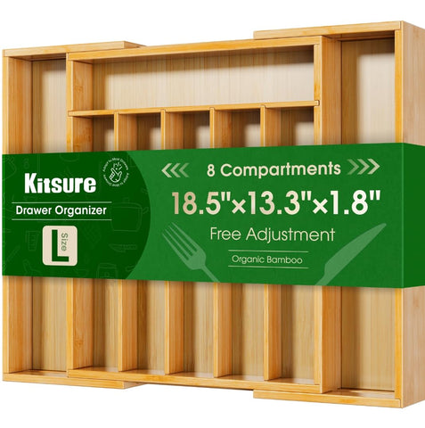 Kitsure expandable bamboo silverware organizer extended to fit larger drawers, showcasing space efficiency