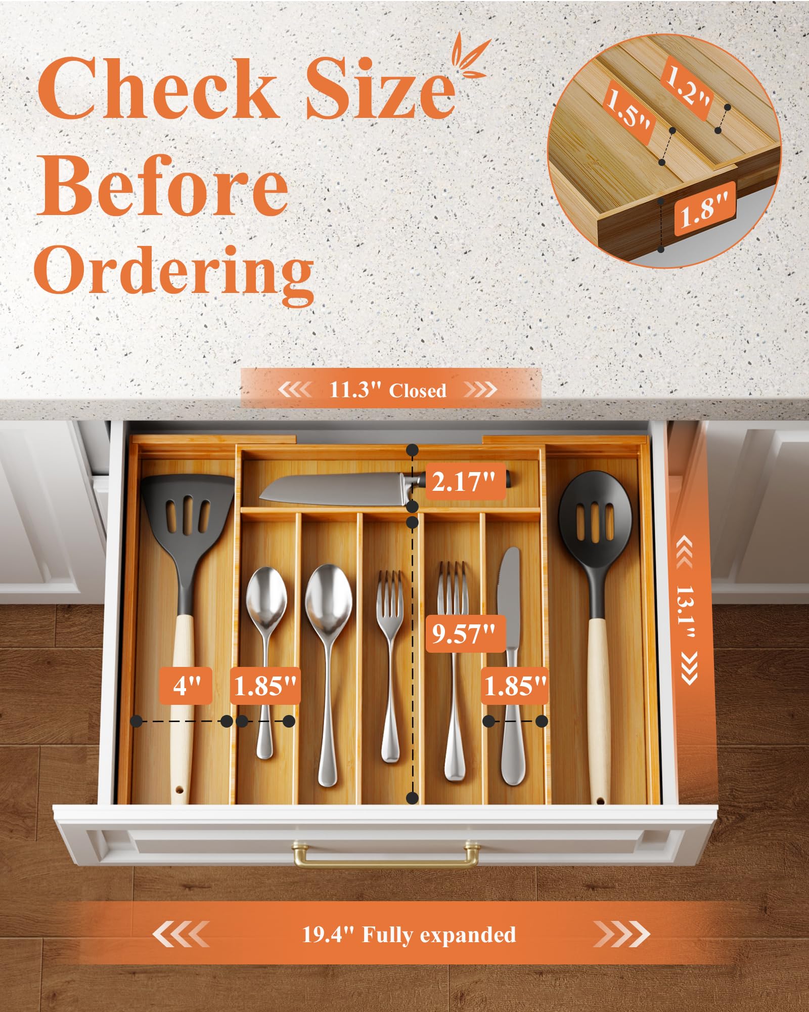Kitsure expandable drawer organizer showing 6-8 slots for versatile storage.