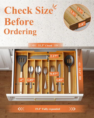 Kitsure expandable drawer organizer showing 6-8 slots for versatile storage.