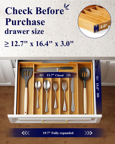 Kitsure expandable drawer organizer with adjustable compartments fits varying utensil sizes.