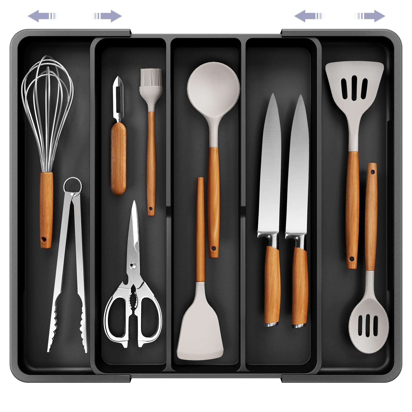 Kitsure expandable silverware organizer front view showing five compartments for easy access.
