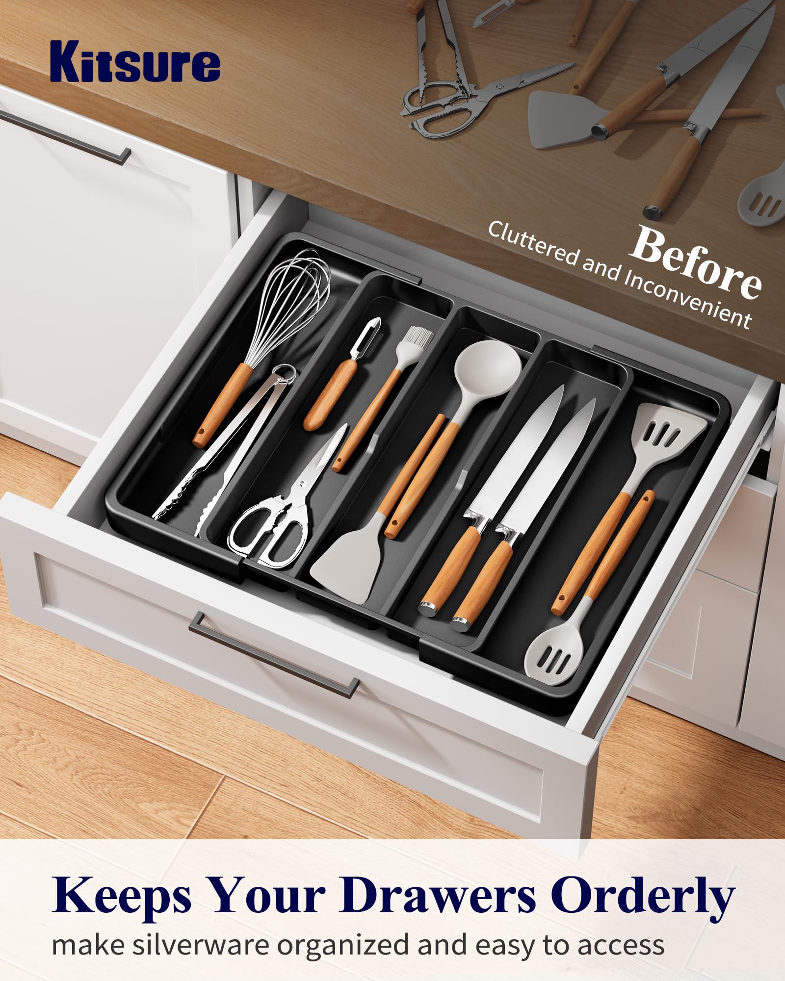 Kitsure expandable silverware organizer expanded width maximizes drawer space.