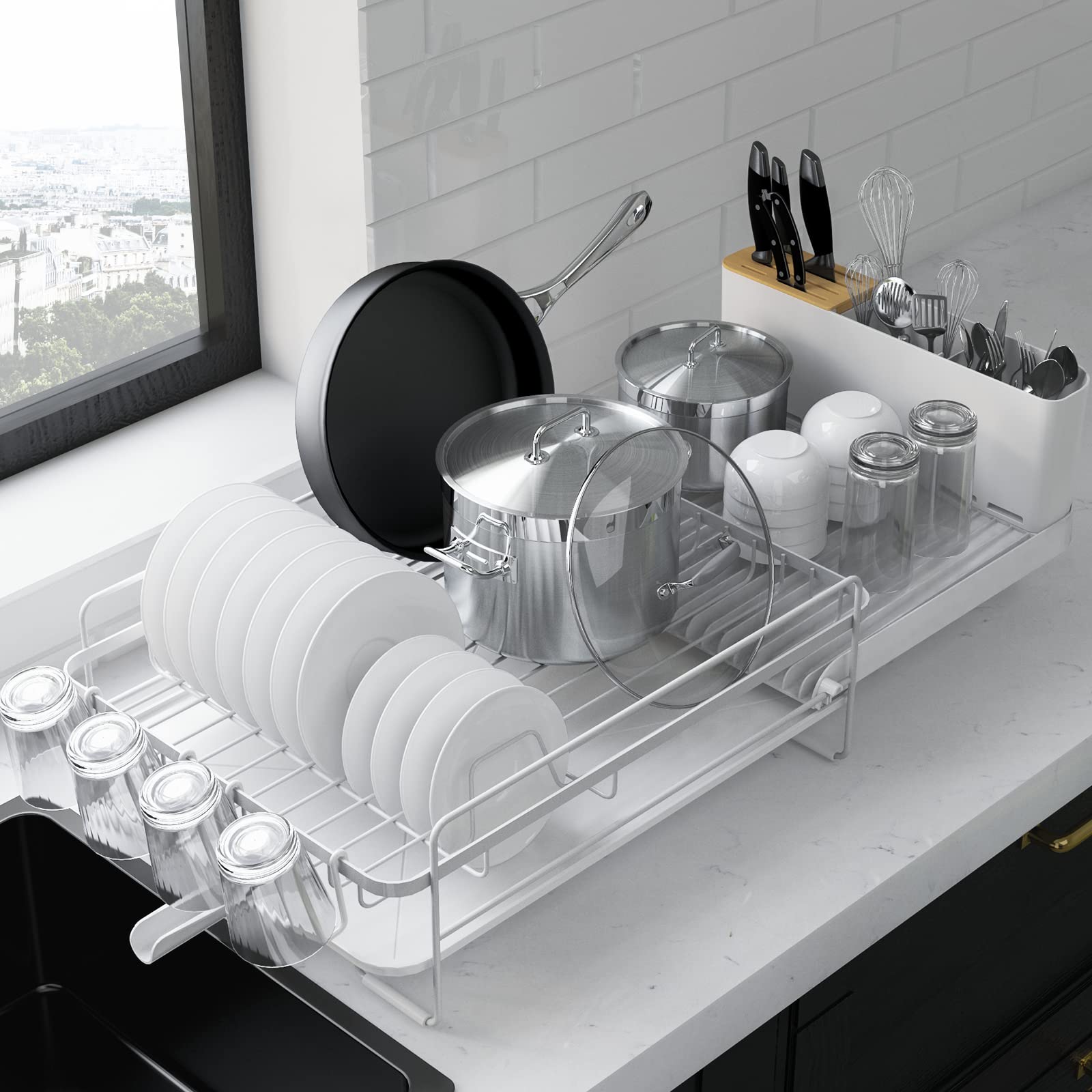 Kitsure extendable dish drying rack extended to fit larger countertops
