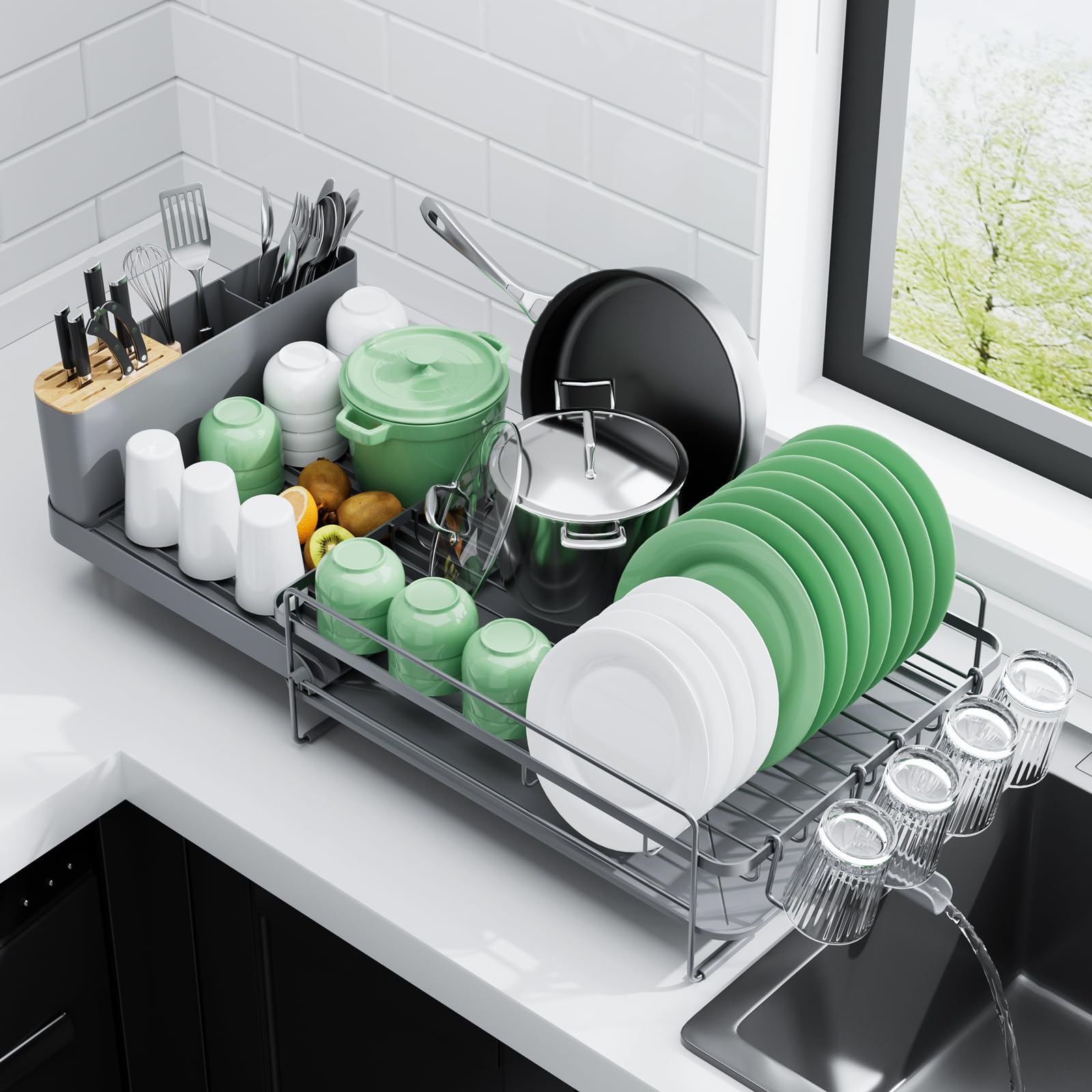 Kitsure extendable dish drying rack with extension fits countertops and increases drying space.