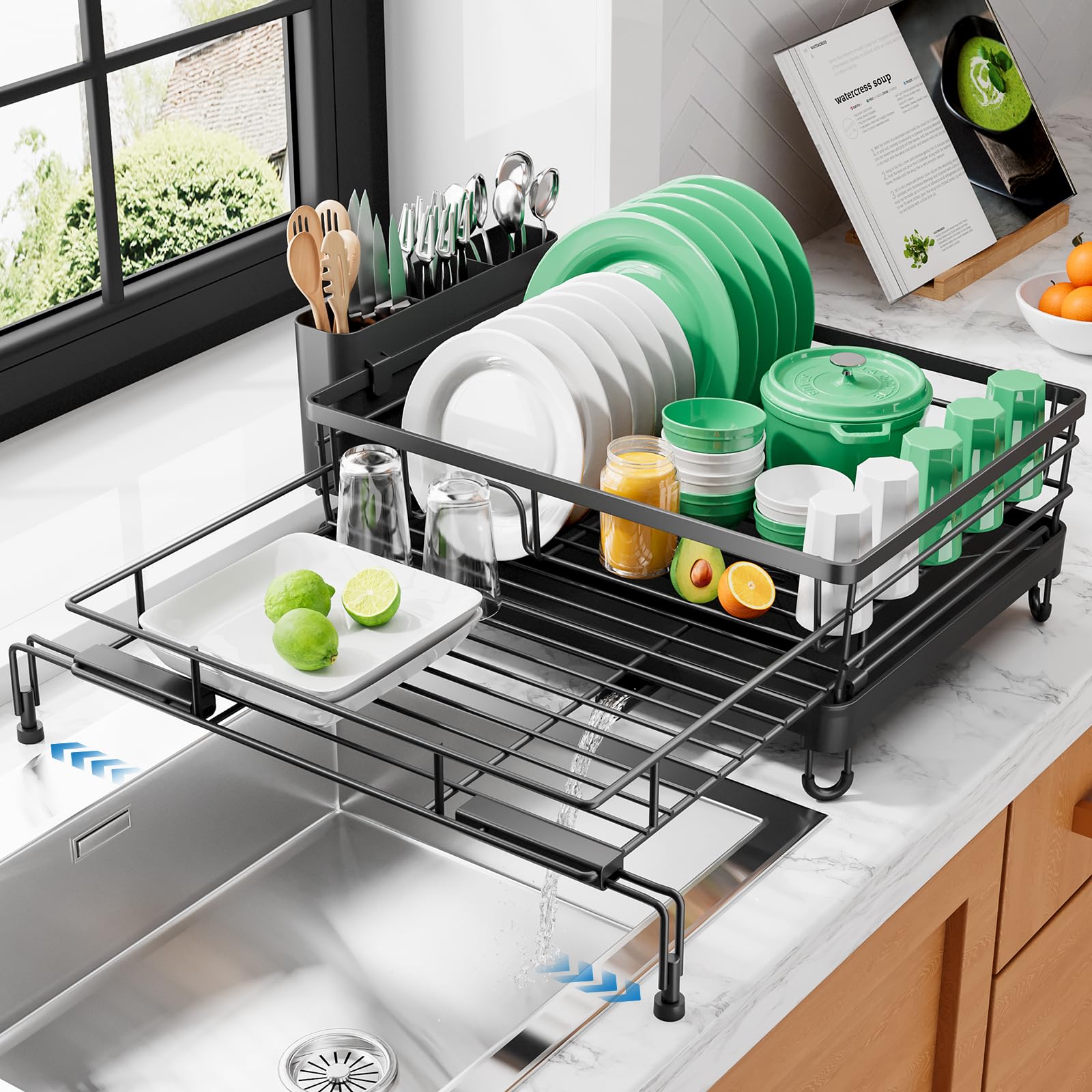 Kitsure extendable dish drying rack over sink saves counter space