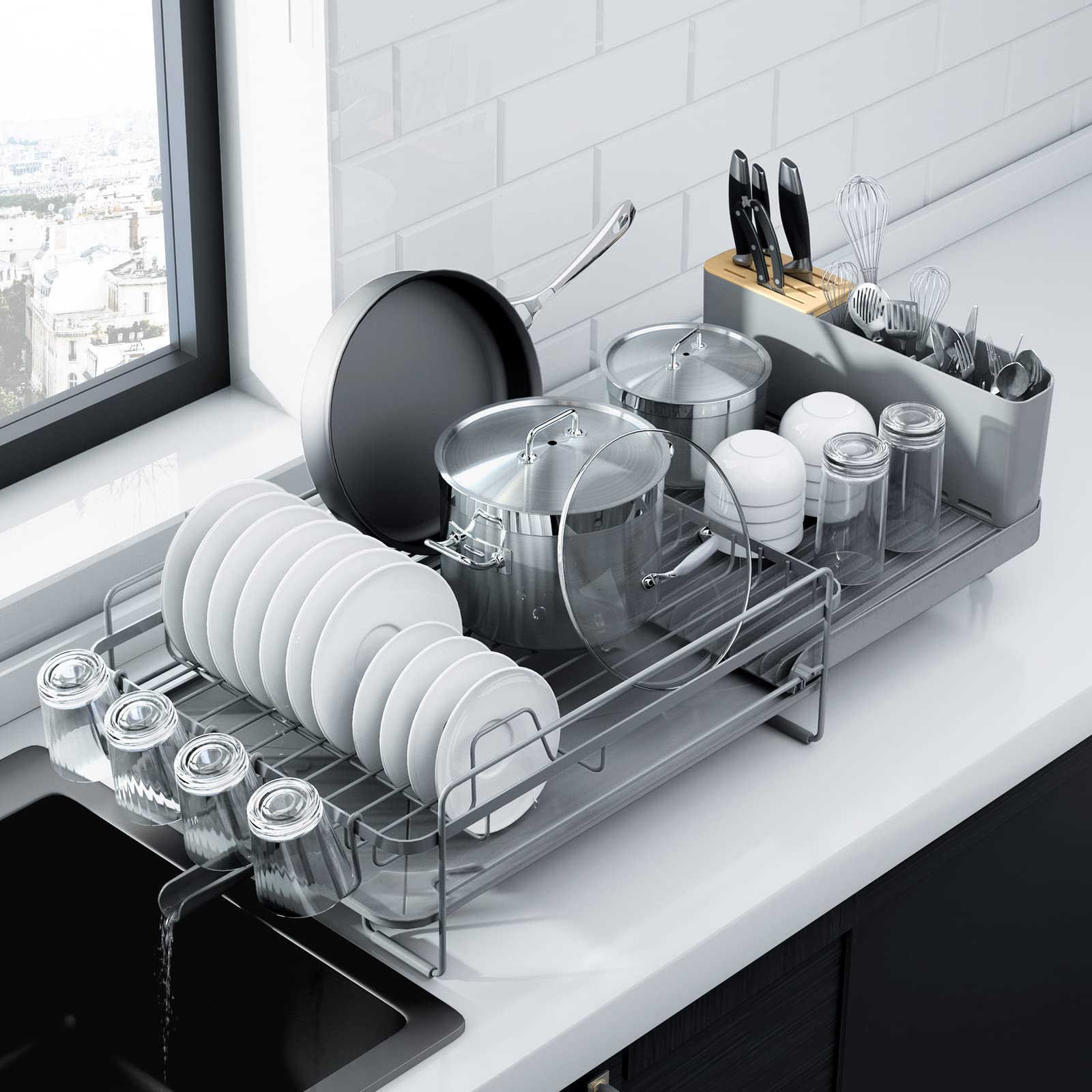 Kitsure extendable dish drying rack fully extended to maximize counter space.