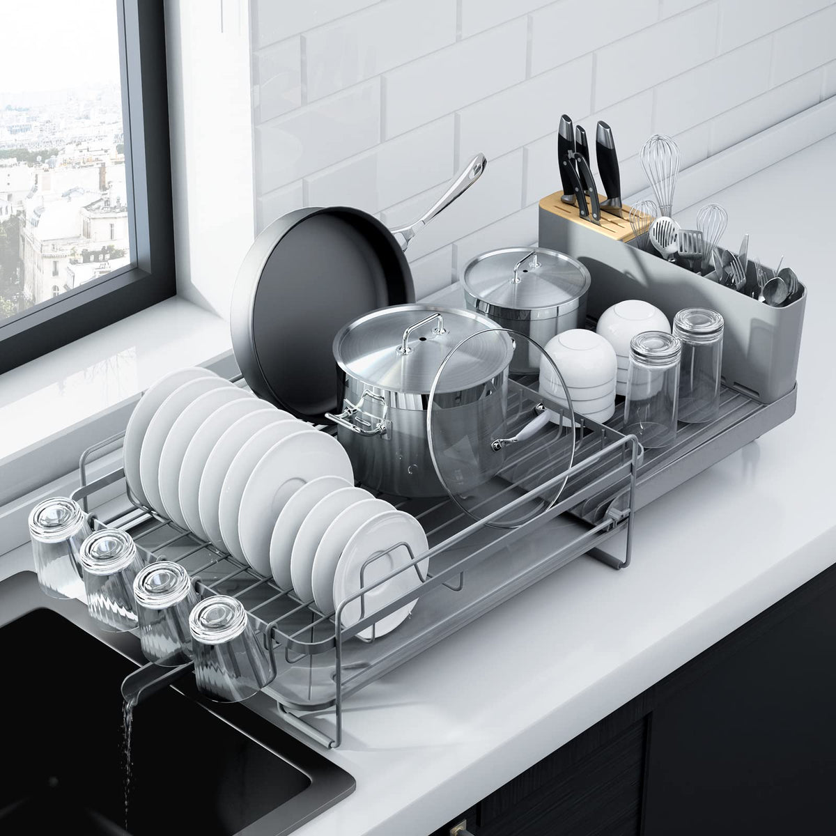 Kitsure extendable dish drying rack fully extended to maximize counter space.