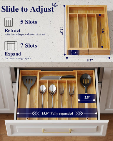 Kitsure bamboo drawer organizer with deep compartments optimizes tool and cutlery access.