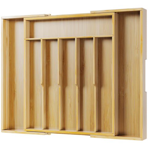 Kitsure expandable bamboo silverware organizer with deep compartments for easy utensil access.