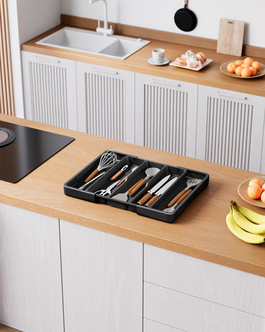 Kitsure silverware organizer in sleek black design for modern kitchen storage.