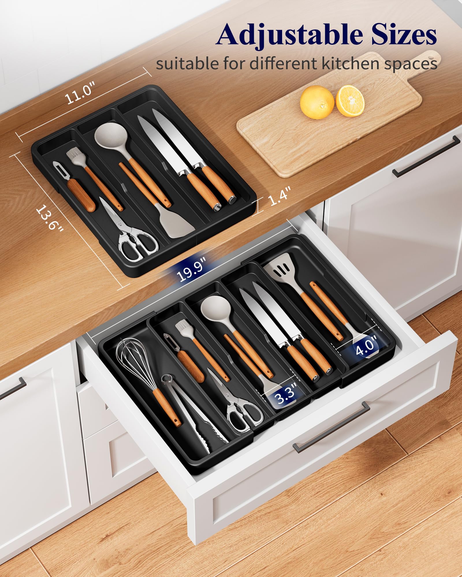 Kitsure expandable silverware organizer with silicone non-slip pads stays in place.