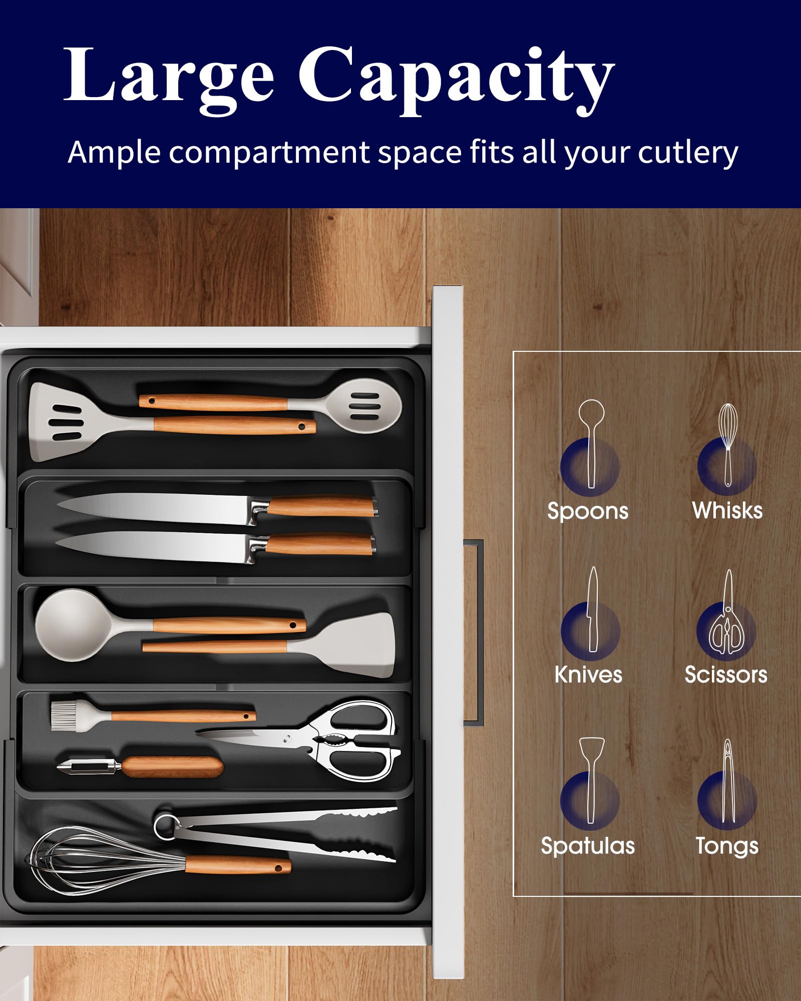 Kitsure silverware organizer sturdy PP construction protects utensils during daily use.