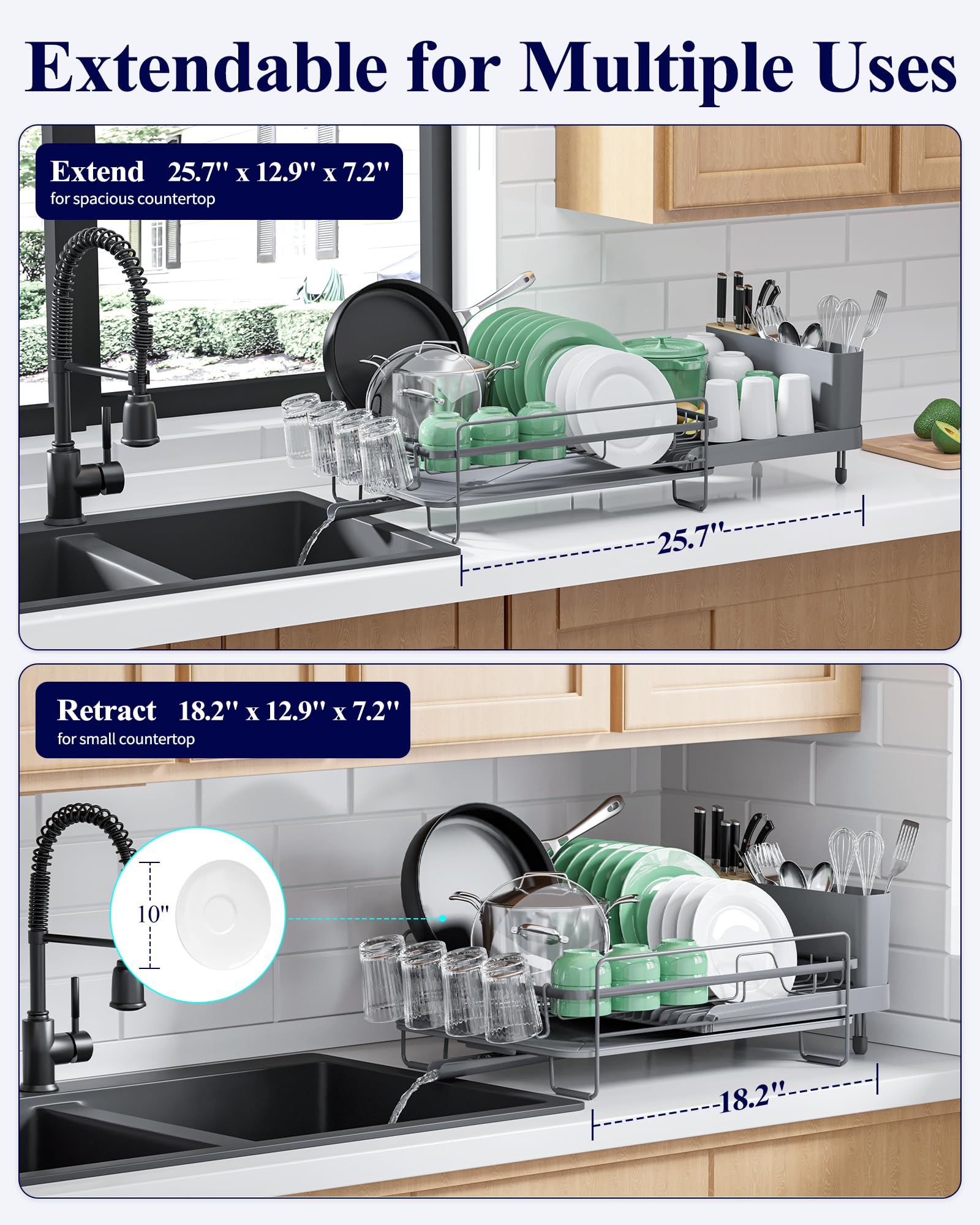 Kitsure rustproof stainless steel rack features a tall fence to protect dishes during dries.