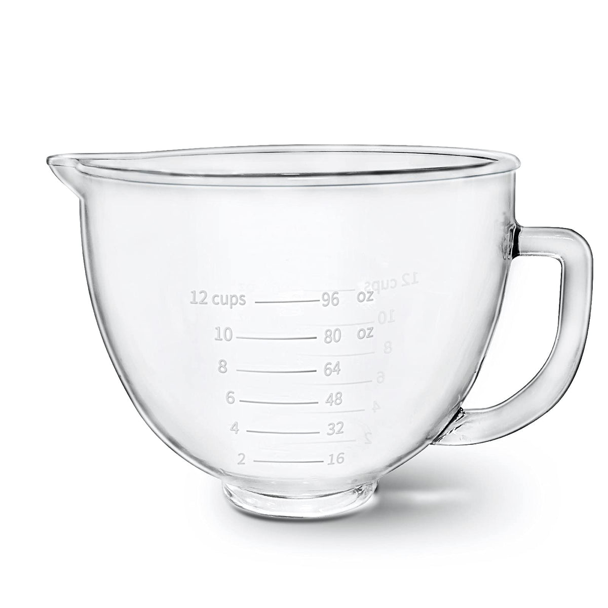 Kitwanda glass mixer bowl with pour spout for controlled pouring and spill prevention.