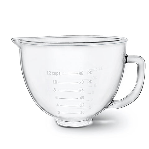 Kitwanda glass mixer bowl with pour spout for controlled pouring and spill prevention.