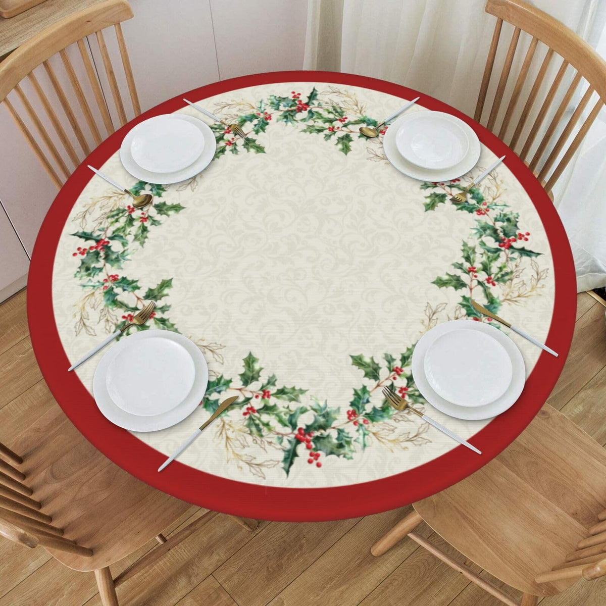 KiuLoam winter-green-leaf-red-tan round tablecloth adds festive style and surface protection.