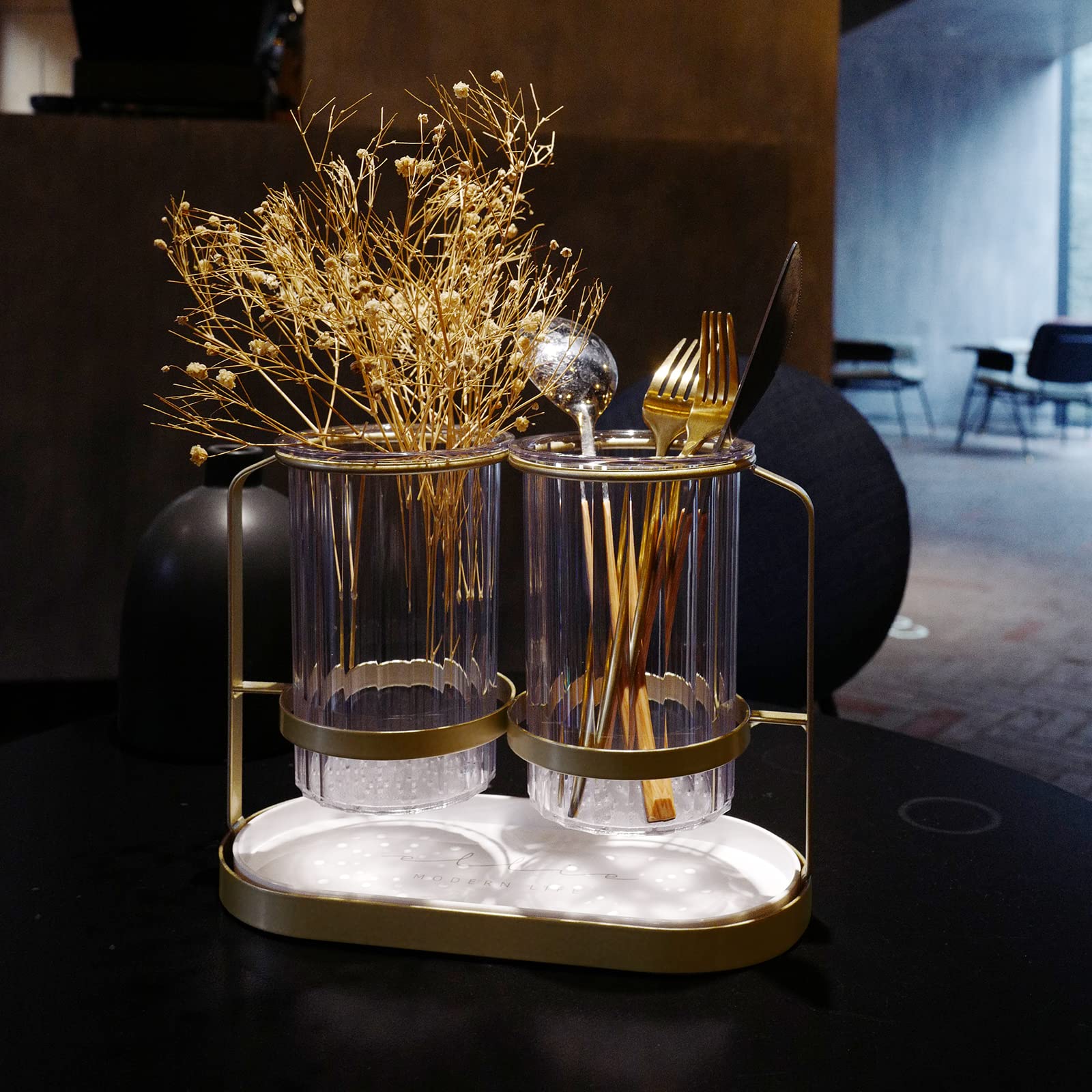 Kivsty table-top organizer with two cups for dining use.
