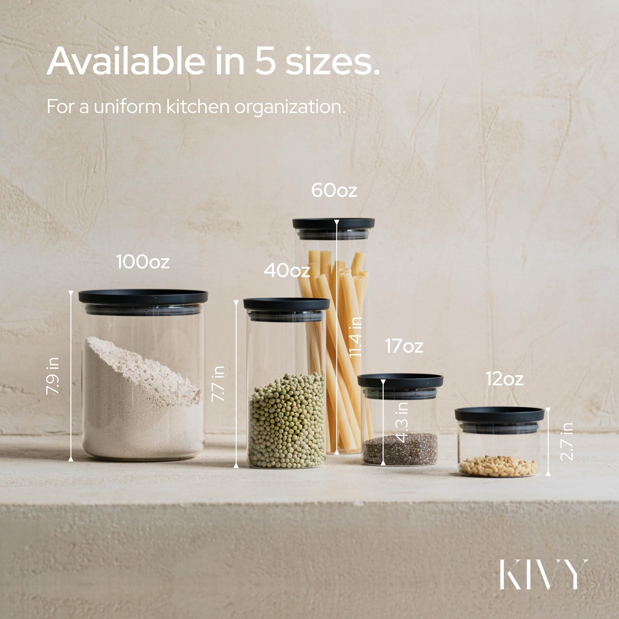 KIVY five-size glass jar set covers small to large storage needs.