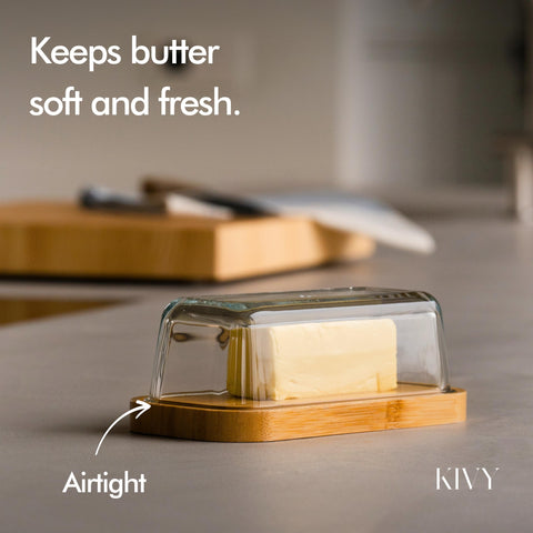 KIVY airtight butter dish lid preserves freshness for fridge or countertop.