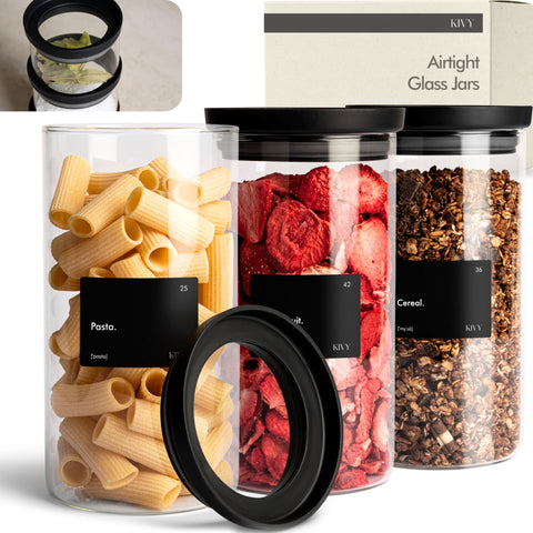 KIVY airtight glass jar with 40oz capacity stacks neatly for pantry organization.