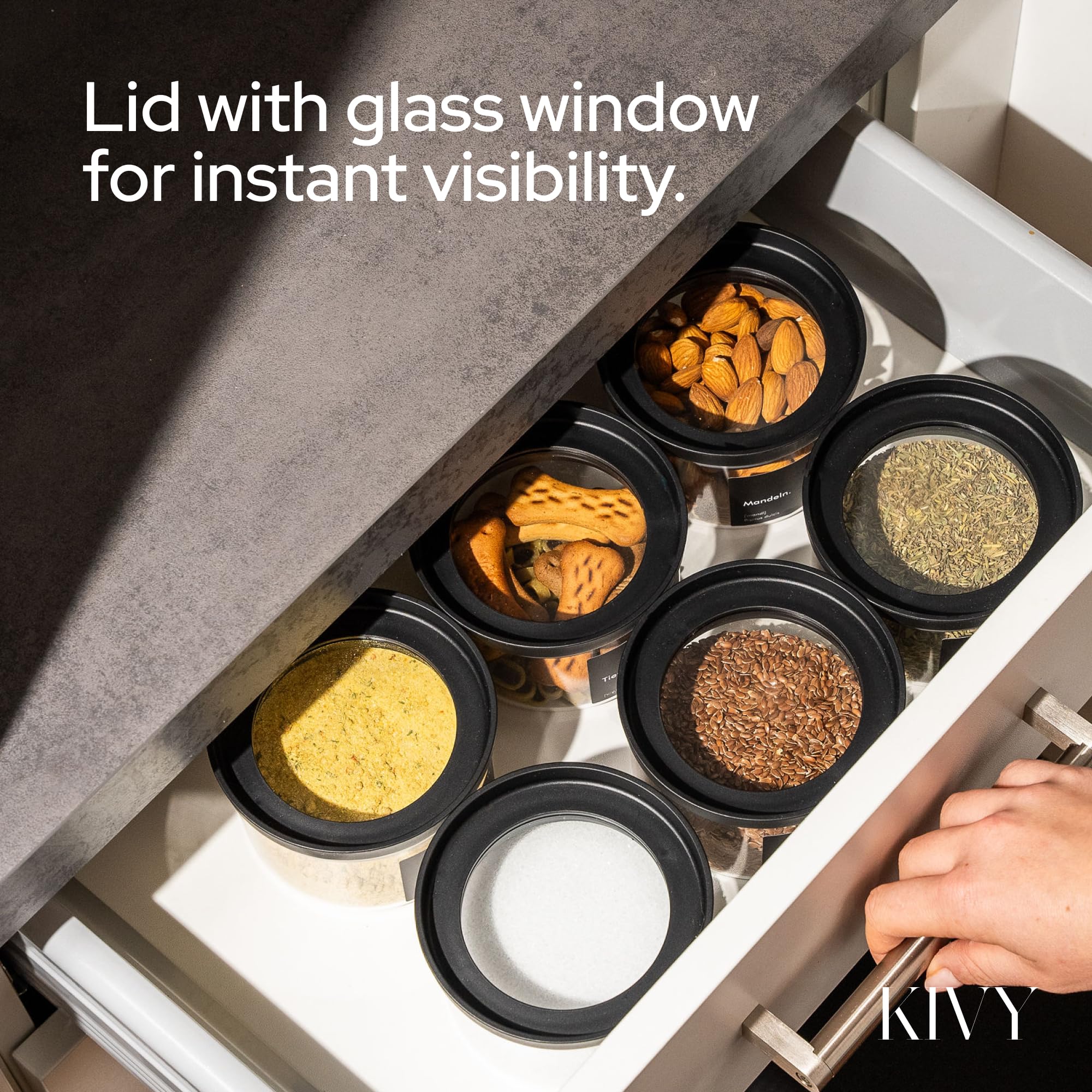 KIVY airtight lids seal jars to preserve freshness in your kitchen.