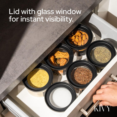 KIVY airtight lids seal jars to preserve freshness in your kitchen.