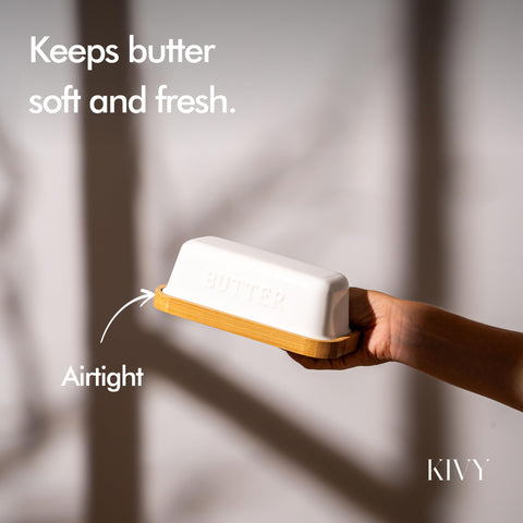 KIVY bamboo plate butter holder provides stable base for easy slicing