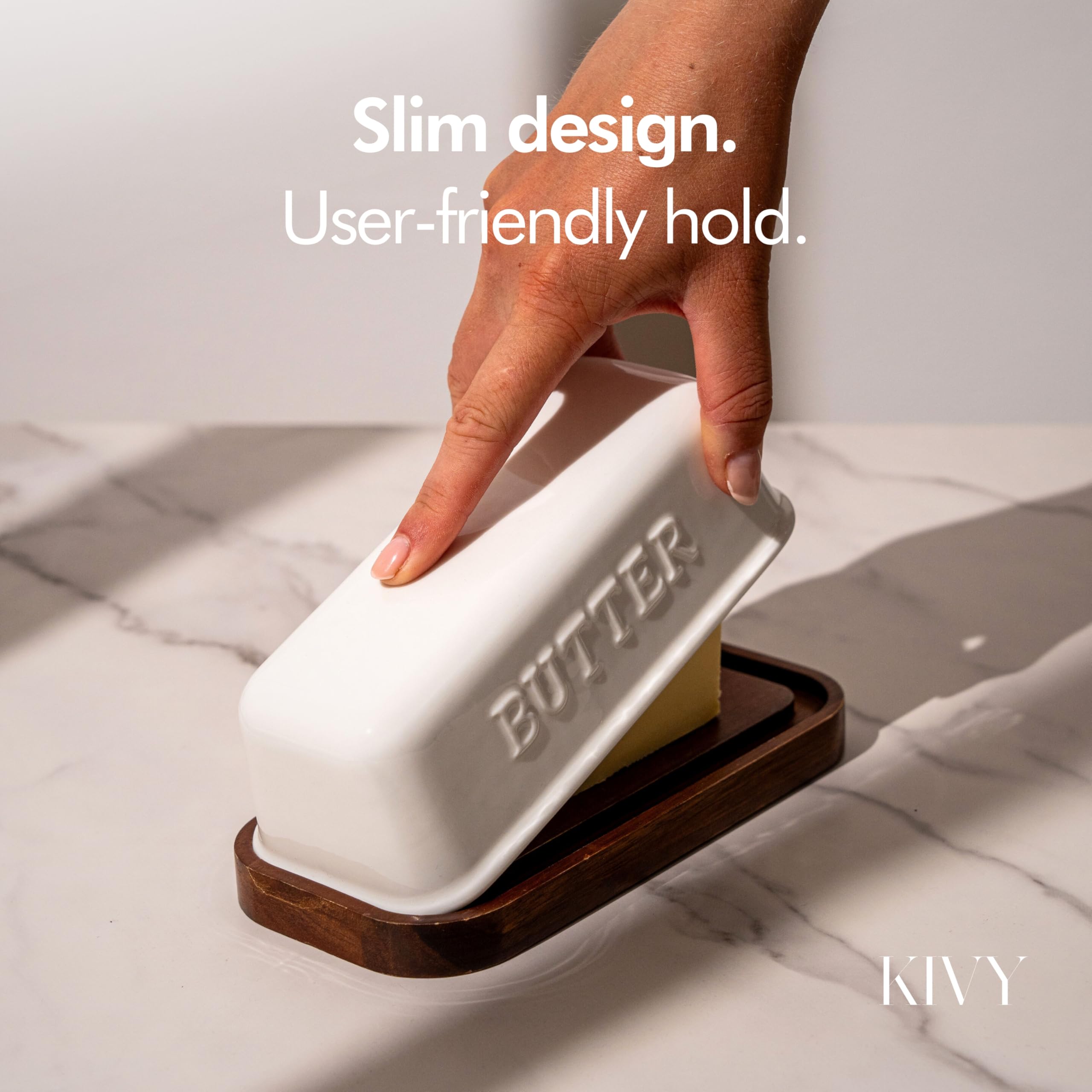 KIVY butter dish with bamboo plate, showcasing eco-friendly wood base.