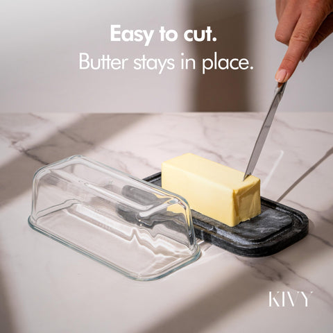 KIVY butter dish stored on fridge door shelf to save counter space.