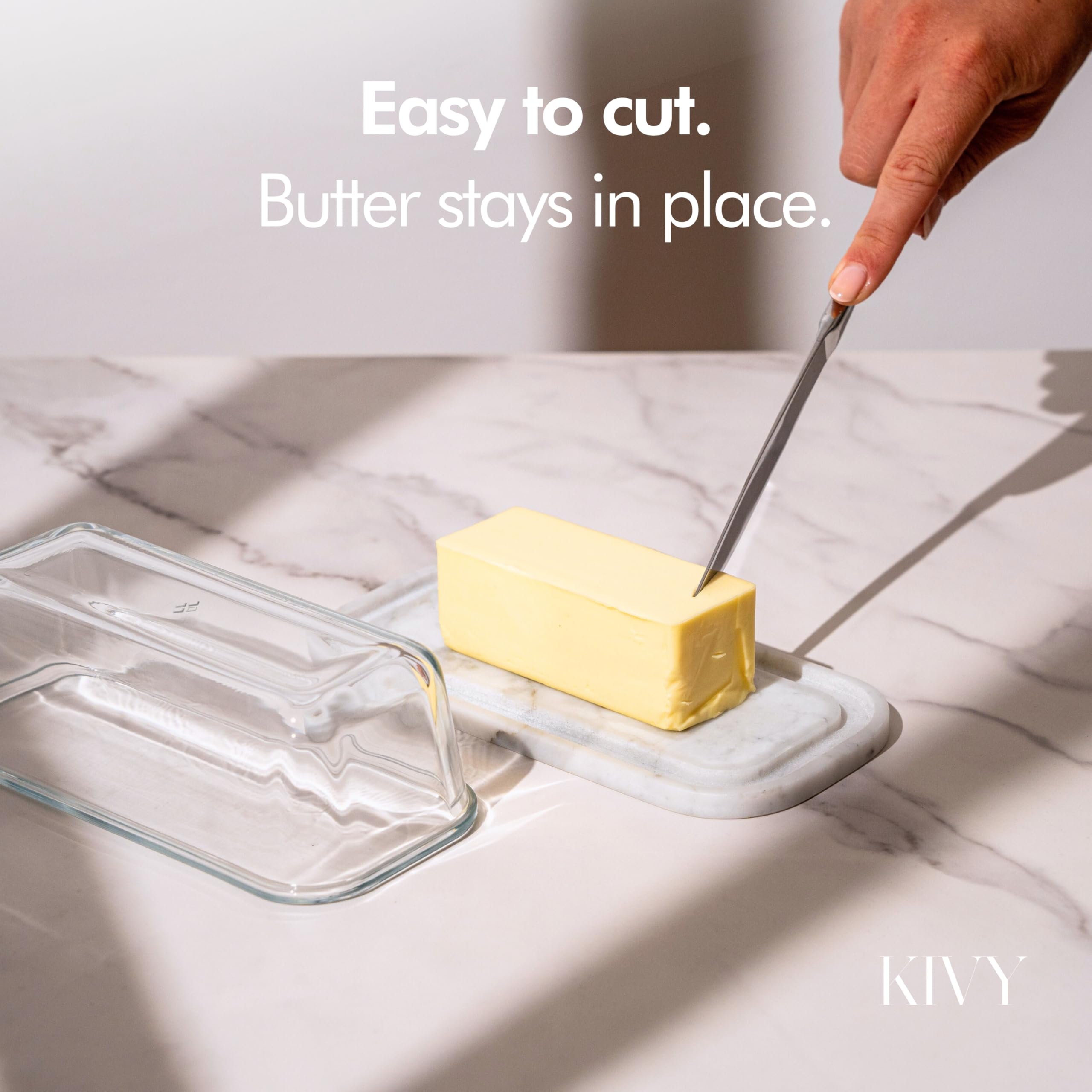 KIVY butter dish close-up highlights the glass lid and secure airtight seal.