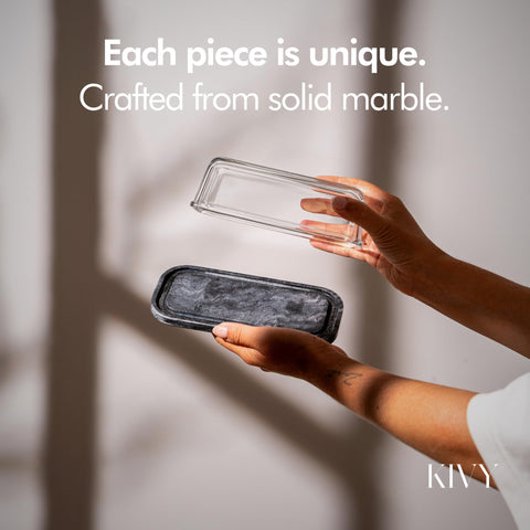 KIVY butter dish glass lid closeup showing airtight seal for freshness.