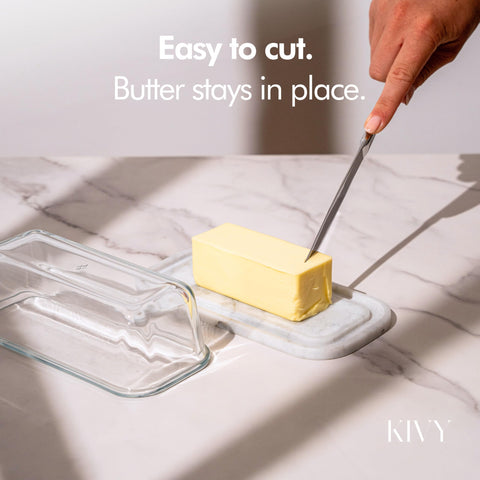 KIVY butter dish close-up highlights the glass lid and secure airtight seal.
