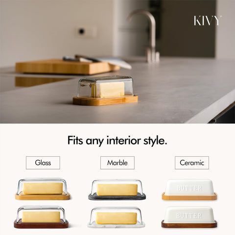 KIVY butter dish stored in fridge door shelf, saving space while staying accessible.