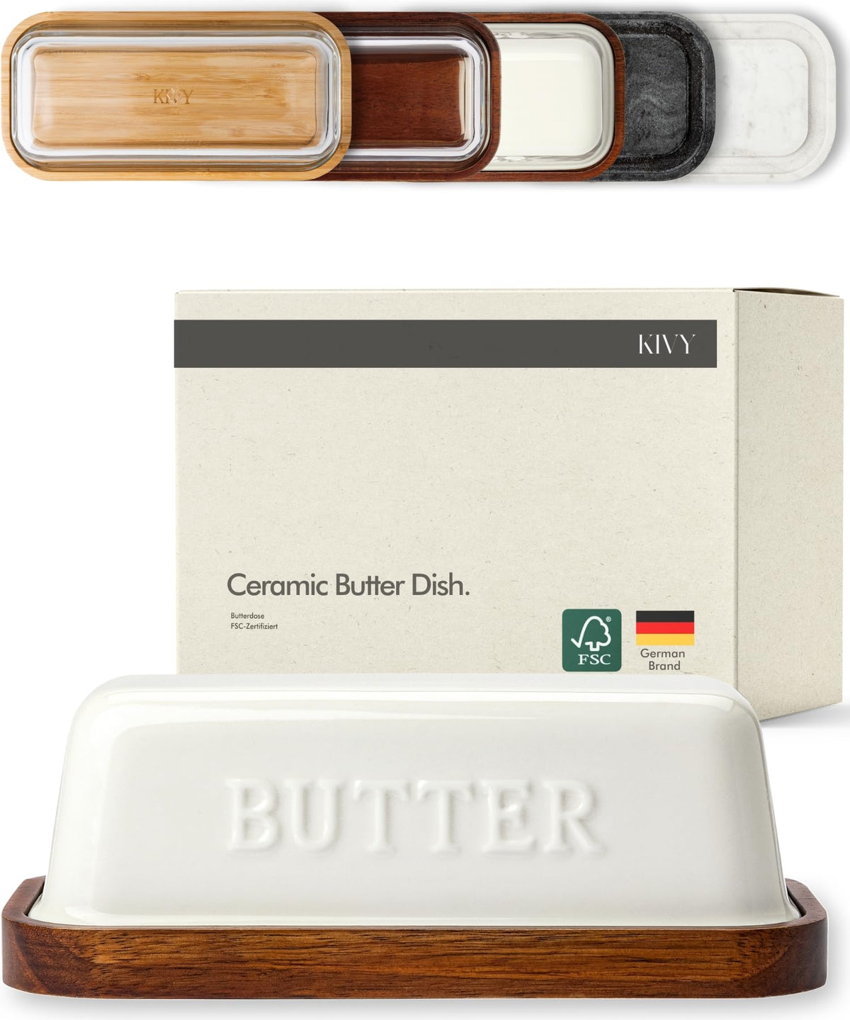 KIVY ceramic butter dish with airtight lid on counter, preserving freshness and easy access.