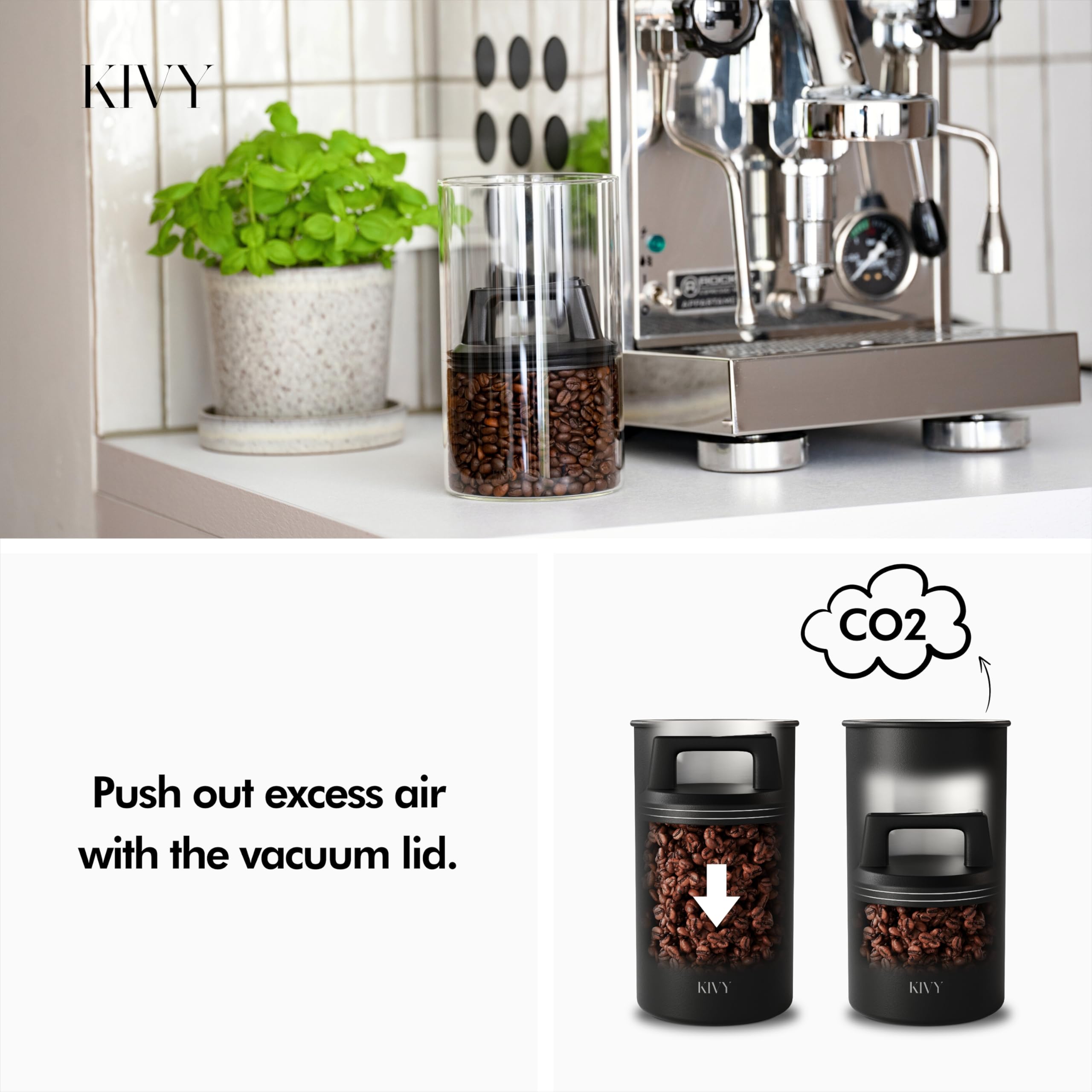 KIVY glass-bodied coffee canister with airtight seal locks in aroma