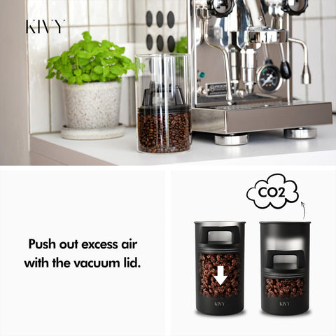 KIVY glass-bodied coffee canister with airtight seal locks in aroma