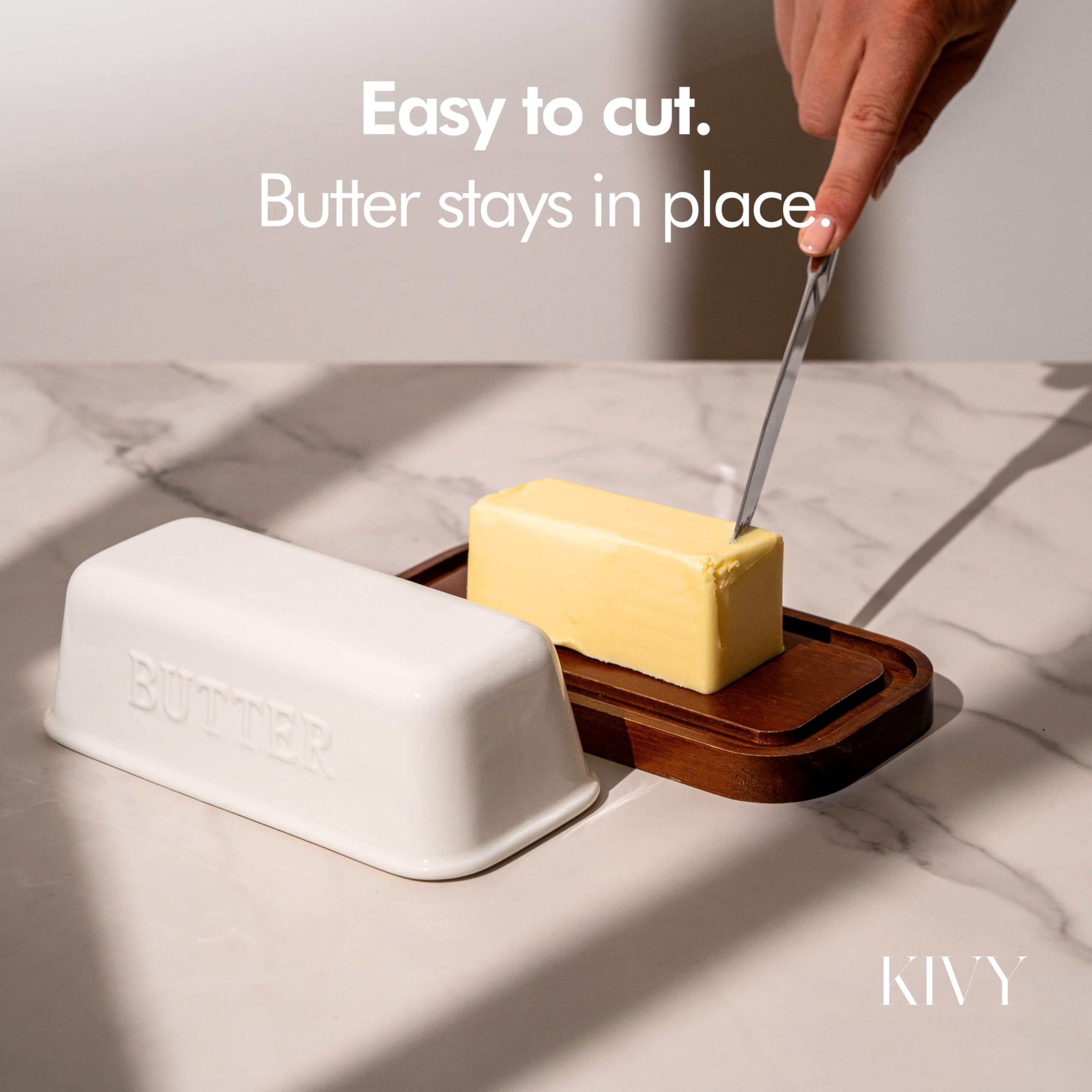 KIVY durable ceramic butter dish in a modern kitchen setting.