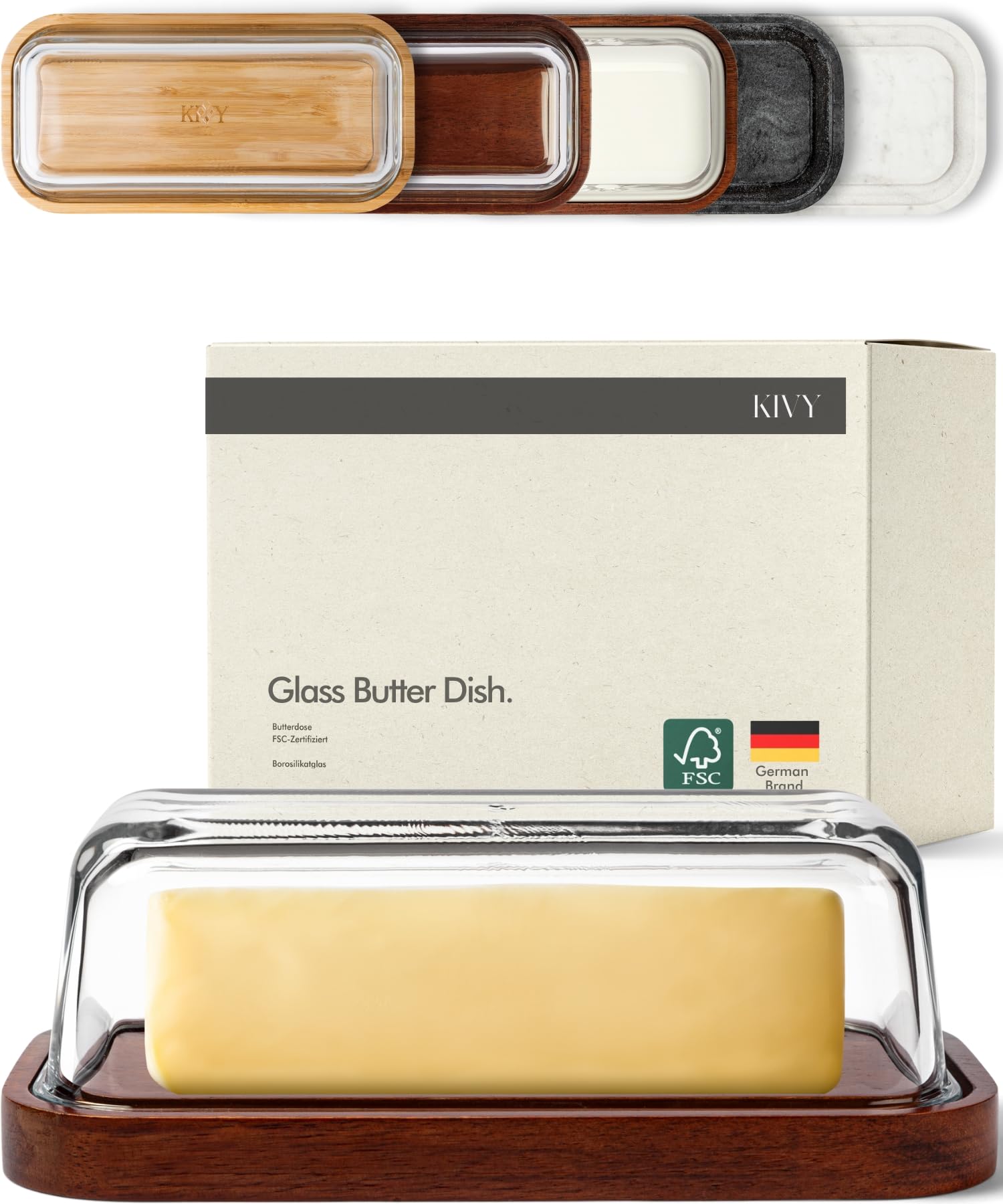KIVY glass butter dish lid keeps butter clean and ready to spread.